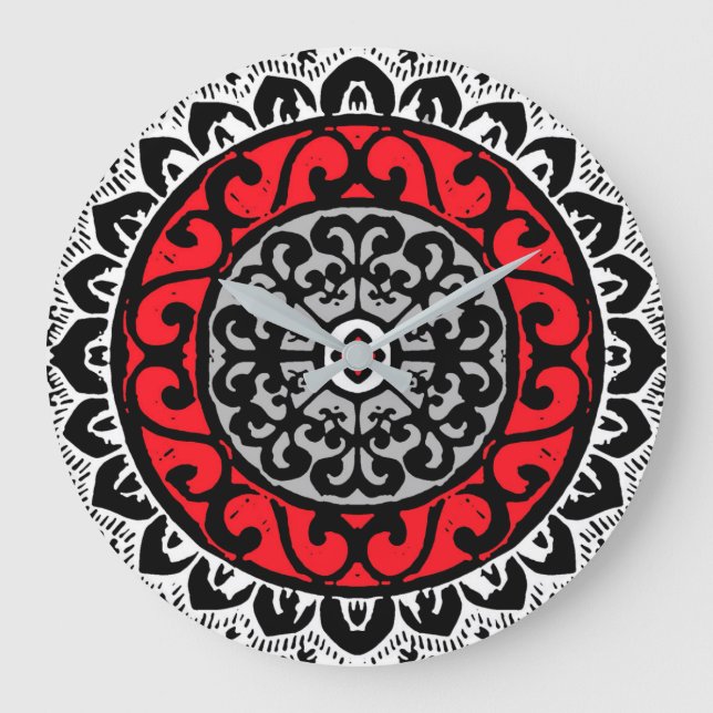 Grande Horloge Ronde Sud-Ouest Sun Mandala Batik, Rouge, Noir et Blanc (Recto)