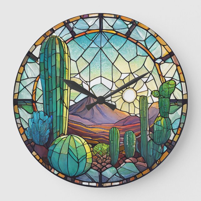 Grande Horloge Ronde Sud-Ouest Verre tendu Désert Cactus Paysage (Recto)