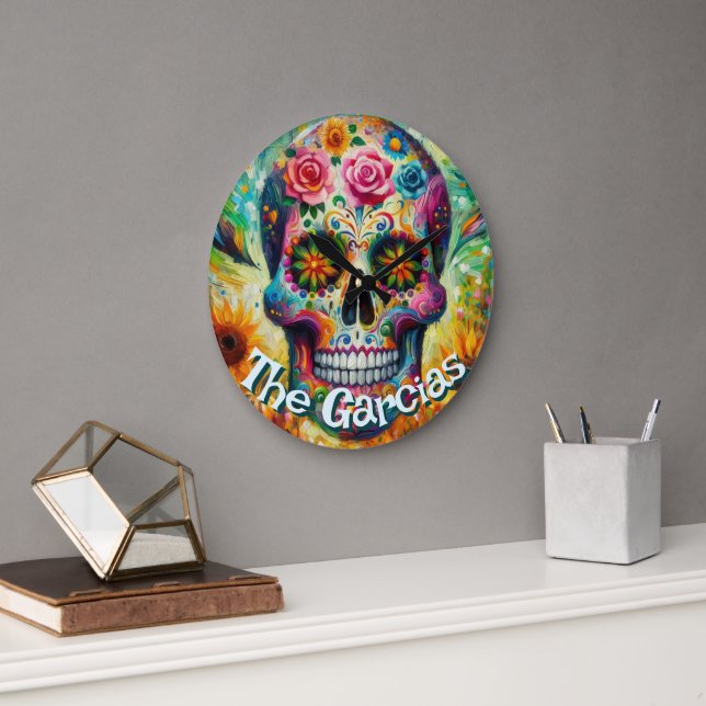 Grande Horloge Ronde Sugar Skull Day of the Dead Floral Personalized (Bureau)
