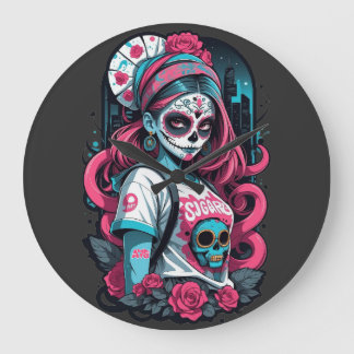 Grande Horloge Ronde Sugar Skull Girl avec points forts roses et Rose
