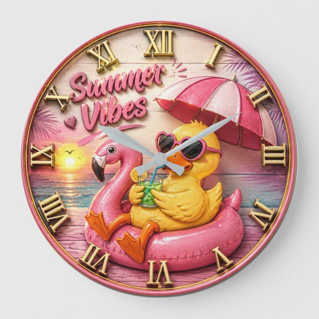 Grande Horloge Ronde Summer Vibes Duck Cute Flamingo Pool Float Beach (Recto)