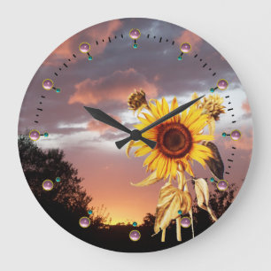 GRANDE HORLOGE RONDE SUNFLOWER AND SUMMER SUNSET WITH PINK CLOUDS