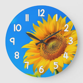 Grande Horloge Ronde Sunflower Wall Clock Blue Background Floral Decor