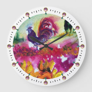 GRANDE HORLOGE RONDE SUNFLOWERS AND BLACK ROOSTER