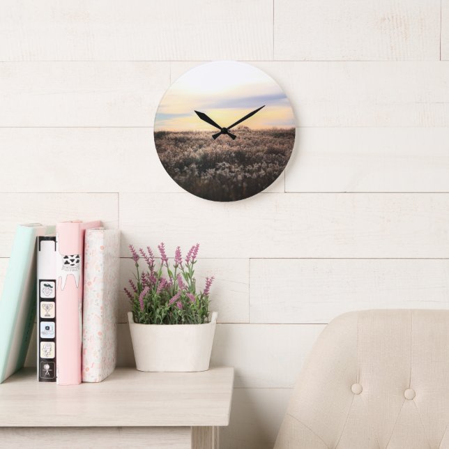 Grande Horloge Ronde Sunlit Country Field- Rustic Photography Clock (Salle de lecture)