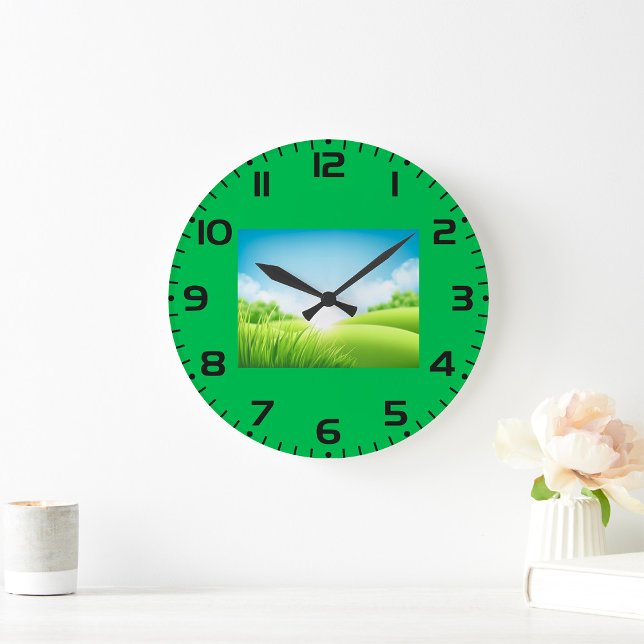 Grande Horloge Ronde Sunny Green Field Landscape (Créateur téléchargé)