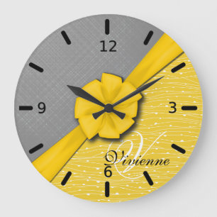 Grande Horloge Ronde Sunny Ribbon, Two Tone Yellow Waves Grey Fabric