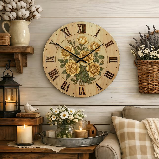 Grande Horloge Ronde Sunny Yellow Garden Flowers Wall Clock (Créateur téléchargé)