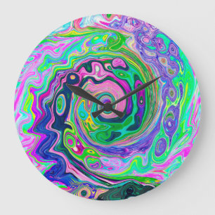 Grande Horloge Ronde Super Abstrait Aqua et Navy Lava Swirl