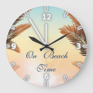 Grande Horloge Ronde Sur le temps de la plage, feuilles de palmier