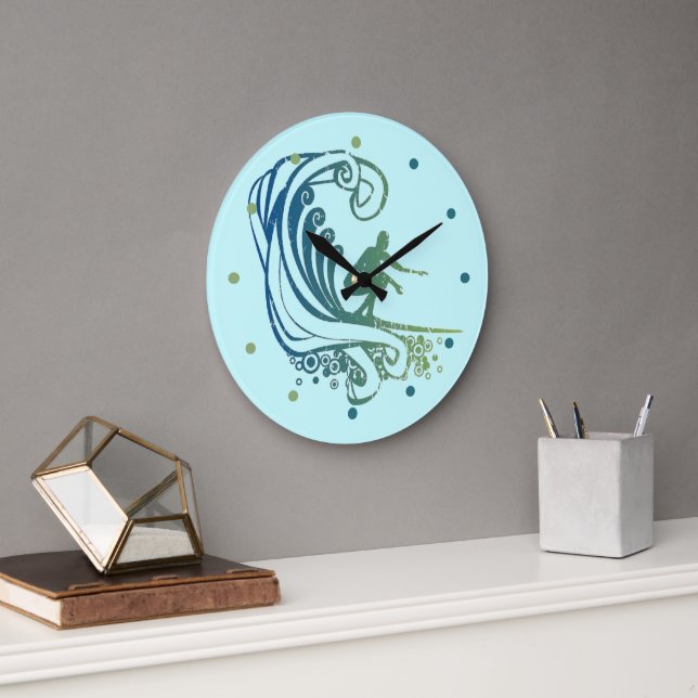 Grande Horloge Ronde Surfer cool Riding Turquoise Blue Ocean Waves (Bureau)