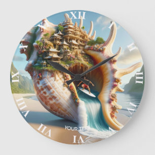 Grande Horloge Ronde Surfeur de coques de conches mignonnes Imaginaire