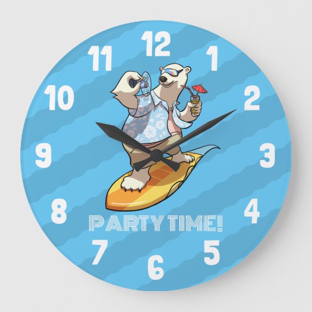 Grande Horloge Ronde Surfing Polar Bear Funny Party Time! Cartoon (Recto)