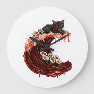 Grande Horloge Ronde Sushi Cat Dreams Nourriture japonaise fantaisiste