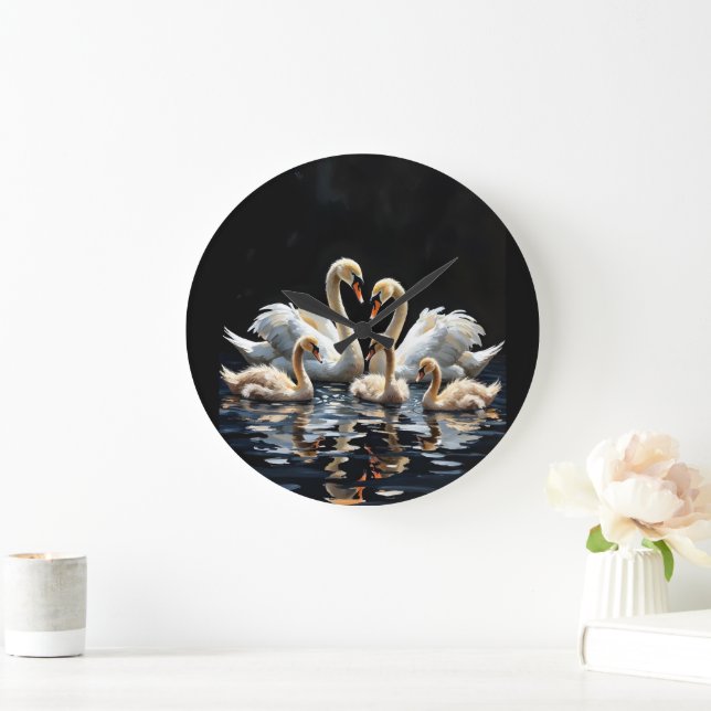 Grande Horloge Ronde Swan Family on Black Lake Artwork (Maison)