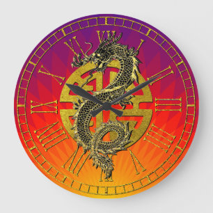 Grande Horloge Ronde Symbole chinois dragon Prospérité Coucher de solei