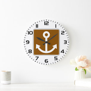 Grande Horloge Ronde Symbole d'ancre nautique Panneau marron marina