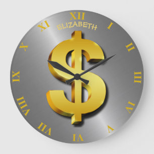 Grande Horloge Ronde Symbole d'argent or Dollar Sparkling