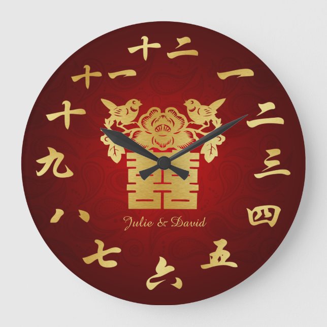 Grande Horloge Ronde Symbole double bonheur des Inséparables chinois (Recto)