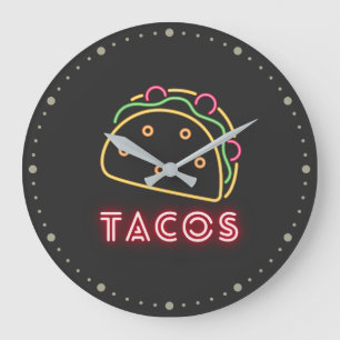 Grande Horloge Ronde Symbole et texte de Neon Tacos