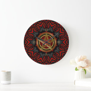 Grande Horloge Ronde Symbole gothique noir rouge or Pentagramme