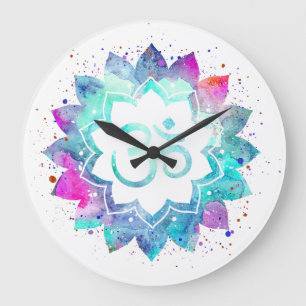 Grande Horloge Ronde *~* Symbole Lotus OM AUM Fleur Aquarelle Mandala