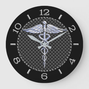 Grande Horloge Ronde Symbole Médicale Caduceus Silver