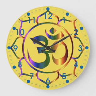 Grande Horloge Ronde Symbole métallique floral Om avec chiffres bleus