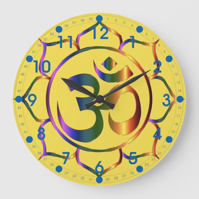 Grande Horloge Ronde Symbole métallique floral Om avec chiffres bleus (Recto)