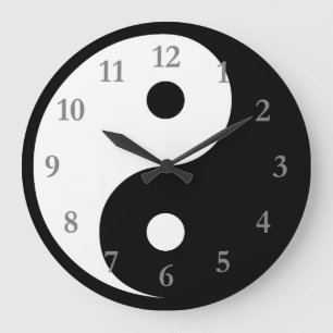 Grande Horloge Ronde Symbole Yin Yang Blanc/Noir avec des nombres gris
