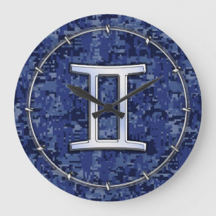 Grande Horloge Ronde SYMBOLE Zodiaque Gemini Camouflage numérique bleu