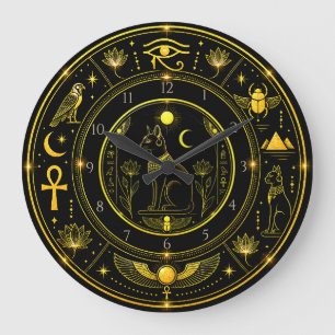 Grande Horloge Ronde Symboles Égyptiens Anciens Motif Luxueux Noir Or