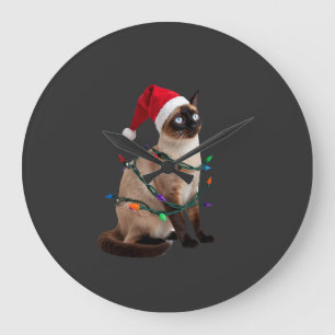 Grande Horloge Ronde T-Shir lumières de Noël pour chat siamois amateur