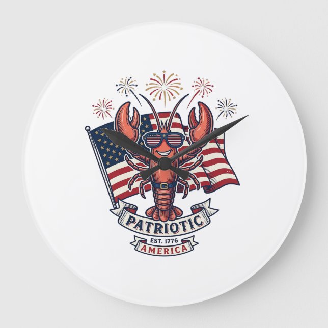 Grande Horloge Ronde T-Shirt_1 gravure vintage drapeau homard patriotiq (Recto)