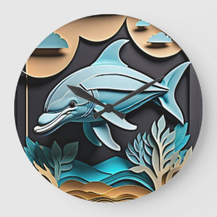 Grande Horloge Ronde T-shirt Dauphin Design en papier 3D