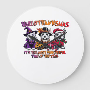 Grande Horloge Ronde T-shirt de Halloween et de Noël avec Terrier Écoss