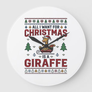 Grande Horloge Ronde T-shirt de Noël drôle avec girafe et traîneau