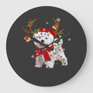 Grande Horloge Ronde T-shirt de Noël drôle de Westie Renne Lumière de N