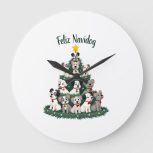 Grande Horloge Ronde T-shirt de Noël Feliz Navidog, drôle et mignon Xm