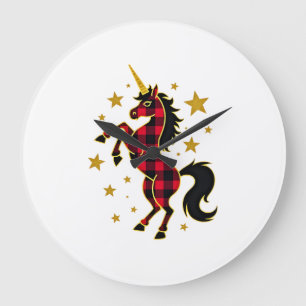 Grande Horloge Ronde T-shirt de Noël licorne à carreaux rouges Buffalo 