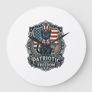Grande Horloge Ronde T-shirt graphique vectoriel de chat noir patriotiq