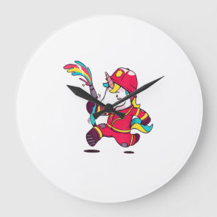 Grande Horloge Ronde T-shirt licorne pompier mignon dessin animé arc-en