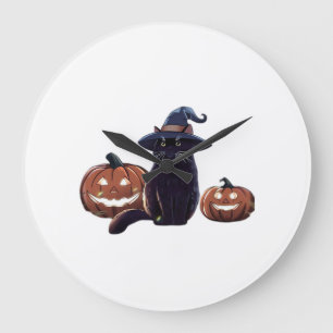 Grande Horloge Ronde T-Shirt Oversize chat noir Halloween