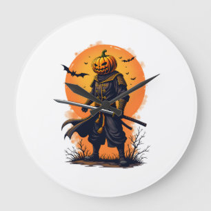 Grande Horloge Ronde T-Shirt Samouraï Citrouille Guerrier d'Halloween