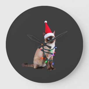 Grande Horloge Ronde T-Shirt Siamois Noël Lumières Xmas Amateur de Chat