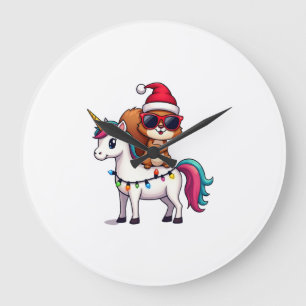 Grande Horloge Ronde T-Shirt Squirrel à cheval sur une Licorne avec Gui