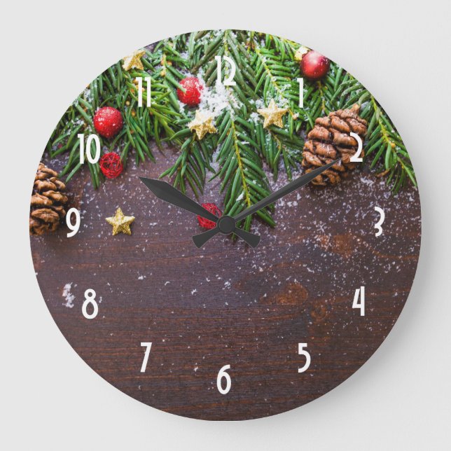 Grande Horloge Ronde Table de Noël rustique avec pin et neige (Recto)