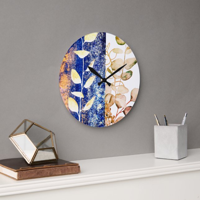 Grande Horloge Ronde Tableau Abstrait Chic Eucalyptus (Bureau)