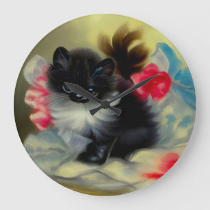 Grande Horloge Ronde Tableau vintage de chaton noir et blanc