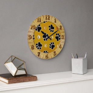 Grande Horloge Ronde Tan et empreinte de patte noir sur un arrière - pl